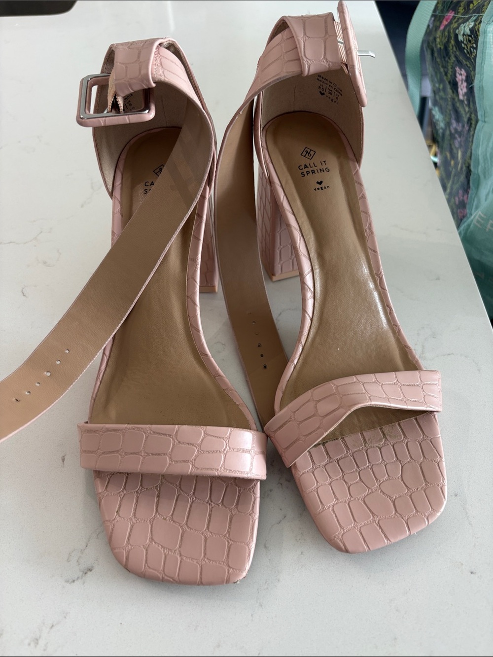 Call It Spring Blush Croc-Embossed Block Heel Sandals